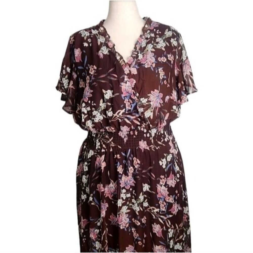Lane Bryant Brown Floral Sleeve Flutter Bohemian Chiffon Maxi Dress Size 22/24W